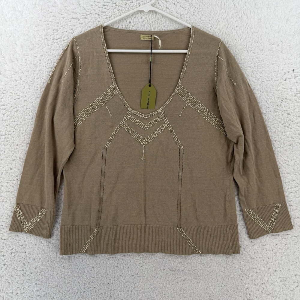Max Studio Sweater Womens XL Beige Beaded Scoop Neck Linen Knit Pullover Top NWT